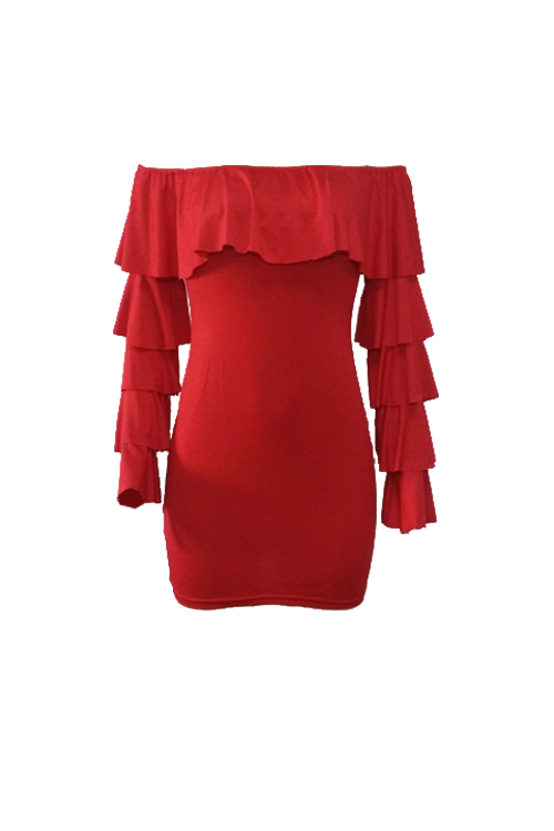  Sexy Bateau Neck Pleated Lace Red Milk Fiber Mini Dress