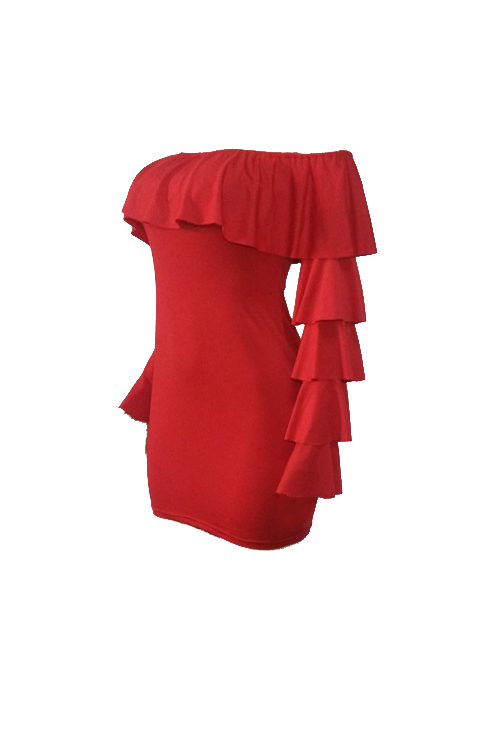  Sexy Bateau Neck Pleated Lace Red Milk Fiber Mini Dress