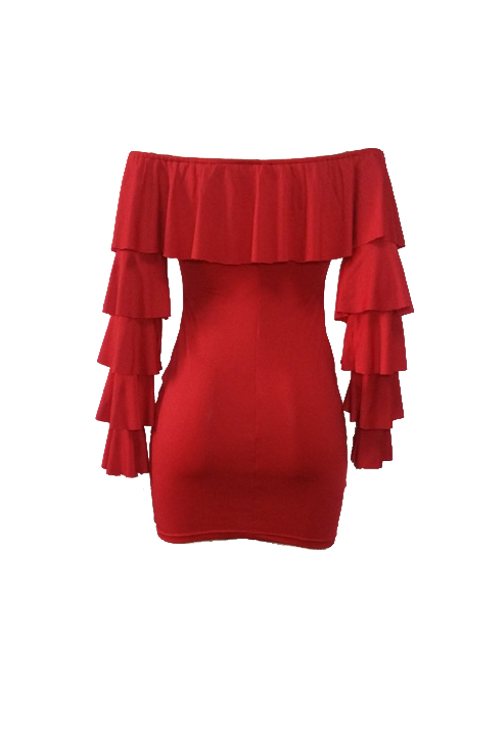  Sexy Bateau Neck Pleated Lace Red Milk Fiber Mini Dress