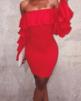  Sexy Bateau Neck Pleated Lace Red Milk Fiber Mini Dress