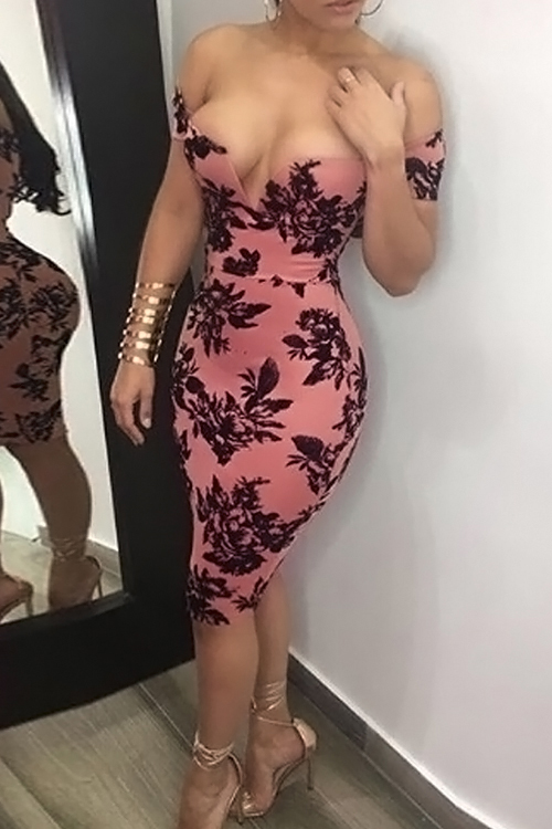  Sexy Bateau Neck Printed Pink Polyester Sheath Knee Length Dress