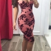  Sexy Bateau Neck Printed Pink Polyester Sheath Knee Length Dress