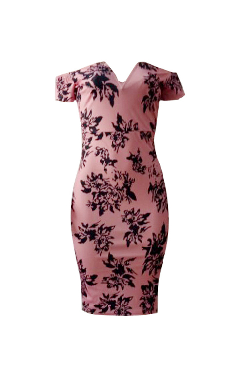  Sexy Bateau Neck Printed Pink Polyester Sheath Knee Length Dress