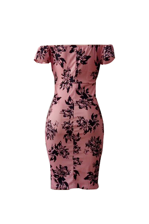  Sexy Bateau Neck Printed Pink Polyester Sheath Knee Length Dress