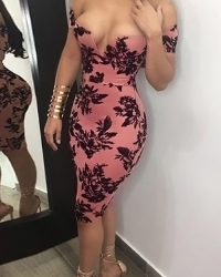  Sexy Bateau Neck Printed Pink Polyester Sheath Knee Length Dress