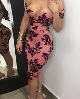 Sexy Bateau Neck Printed Pink Polyester Sheath Knee Length Dress