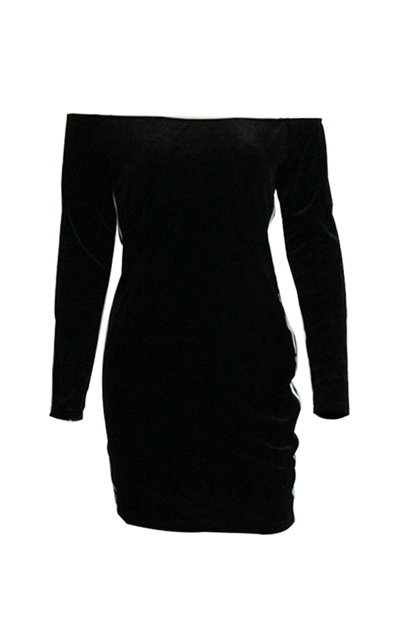  Sexy Bateau Neck Ribbon Splicing Black Velvet Mini Dress(Without Necklace)