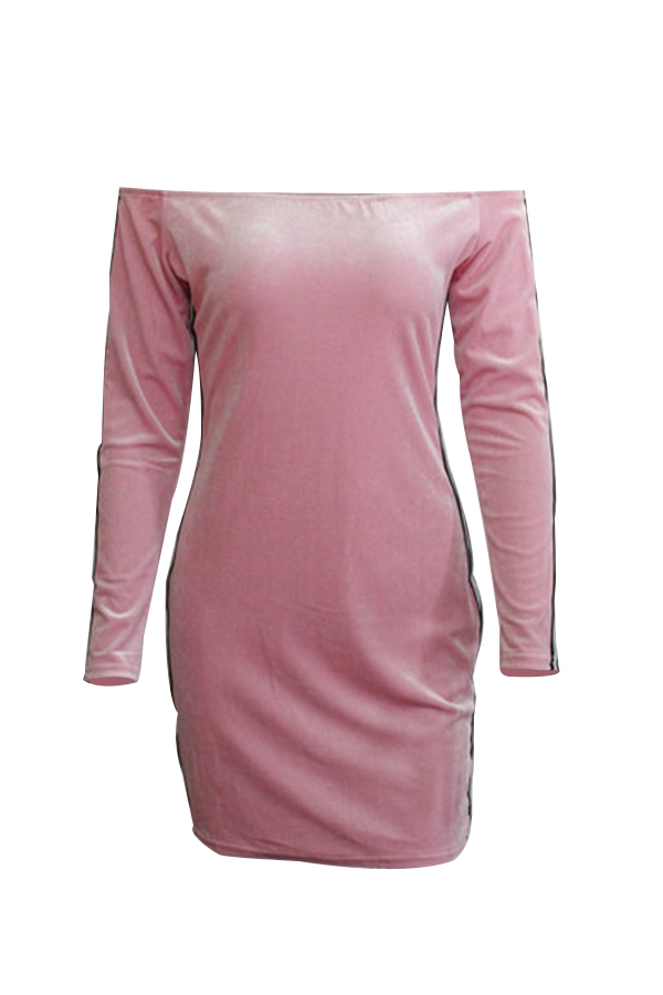  Sexy Bateau Neck Ribbon Splicing Pink Velvet Mini Dress