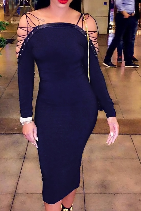  Sexy Bateau Neck Shoulders Lace-up Dark Blue Polyester Mid Calf Dress