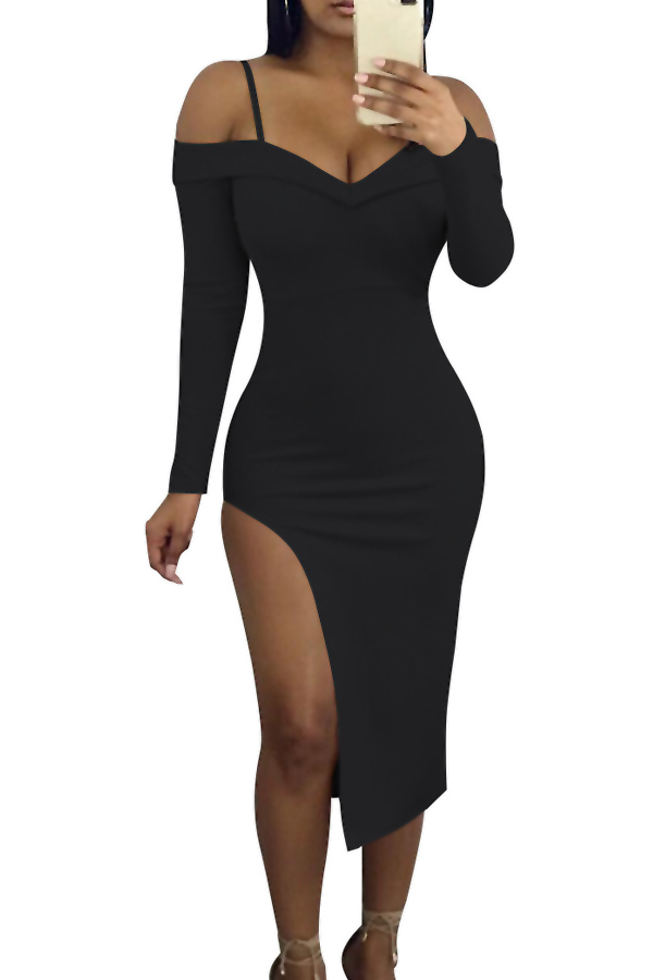  Sexy Bateau Neck Side Slit Black Milk Fiber Mid Calf Dress