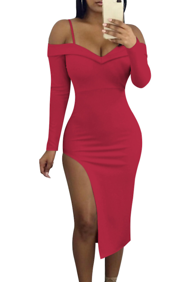  Sexy Bateau Neck Side Slit Wine Red Milk Fiber Mid Calf Dress