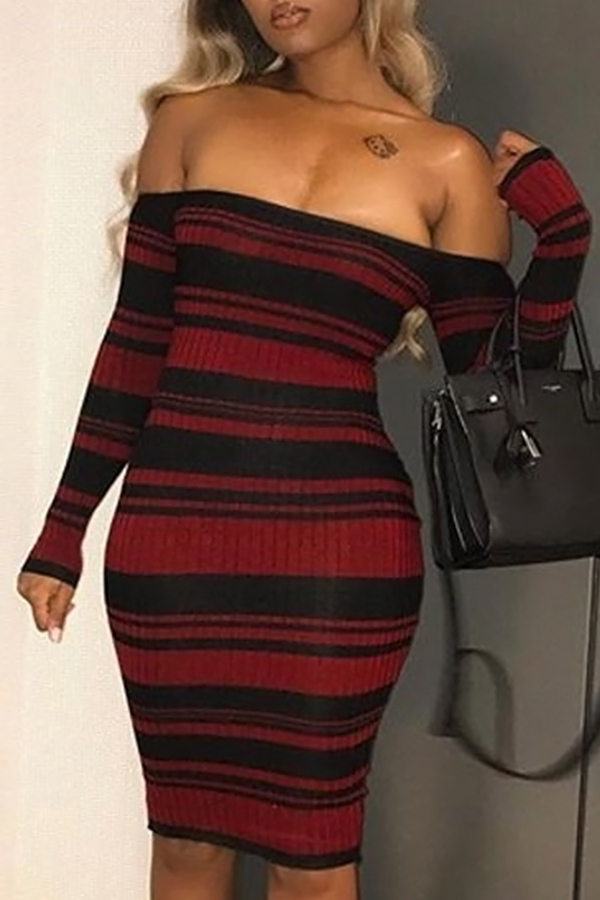  Sexy Bateau Neck Striped Patchwork Polyester Knee Length Dress