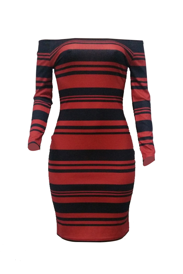  Sexy Bateau Neck Striped Patchwork Polyester Knee Length Dress