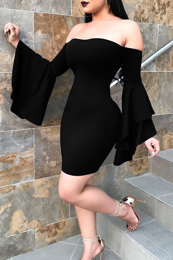 Sexy Bateau Neck Trumpet Sleeves Black Polyester Mini Dress