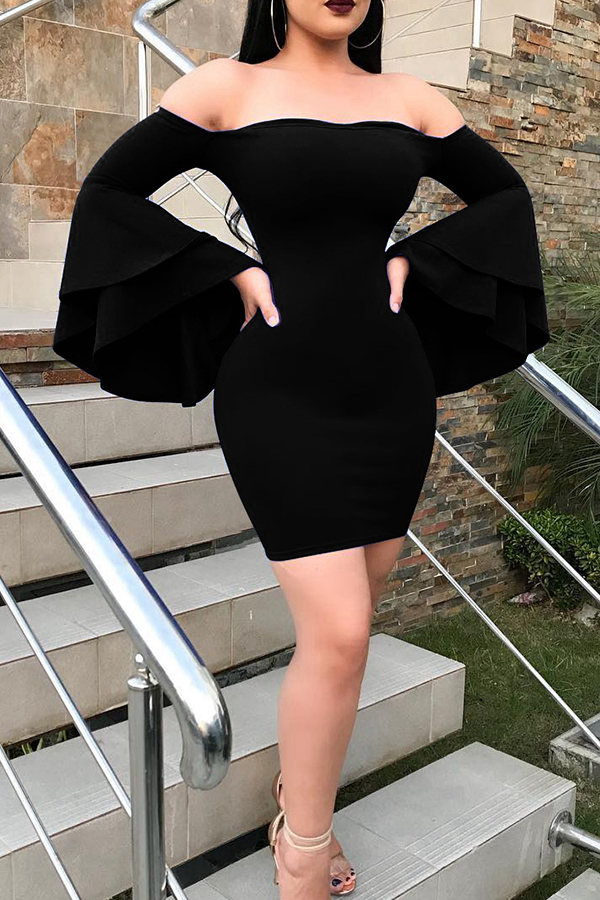 Sexy Bateau Neck Trumpet Sleeves Black Polyester Mini Dress