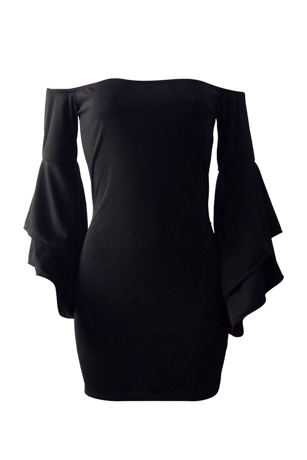  Sexy Bateau Neck Trumpet Sleeves Black Polyester Mini Dress