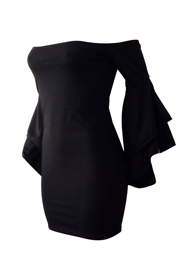  Sexy Bateau Neck Trumpet Sleeves Black Polyester Mini Dress