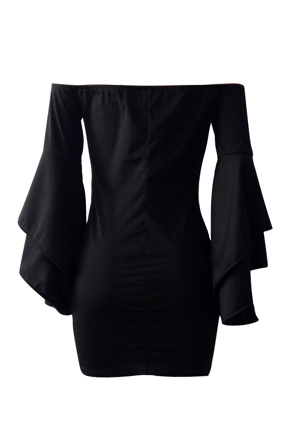  Sexy Bateau Neck Trumpet Sleeves Black Polyester Mini Dress