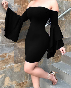  Sexy Bateau Neck Trumpet Sleeves Black Polyester Mini Dress