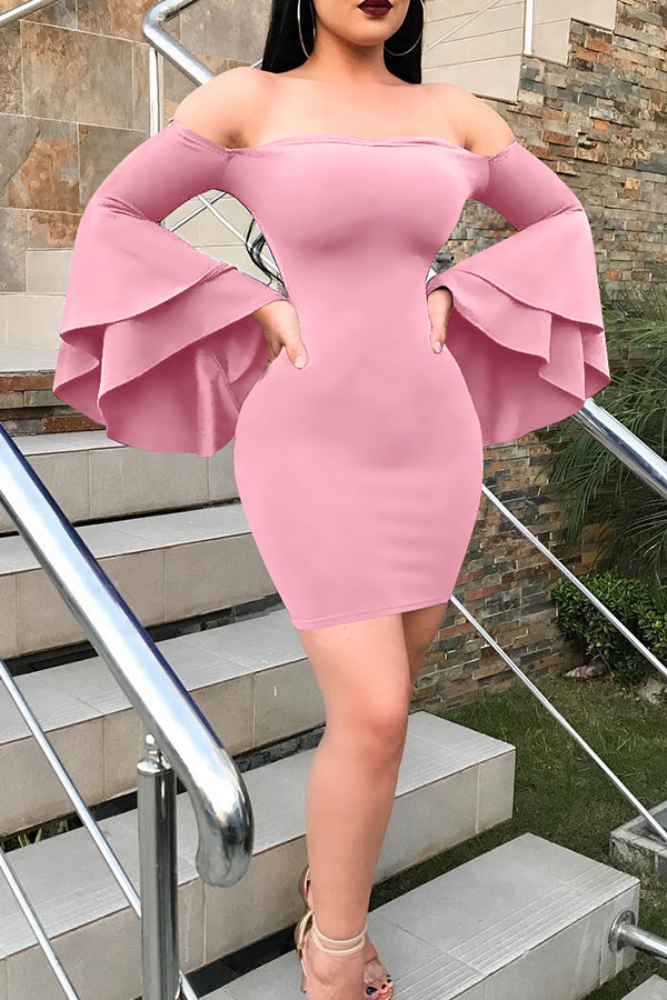  Sexy Bateau Neck Trumpet Sleeves Pink Polyester Mini Dress