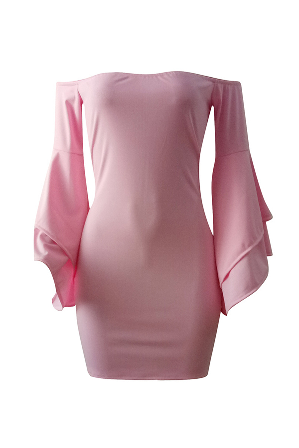  Sexy Bateau Neck Trumpet Sleeves Pink Polyester Mini Dress