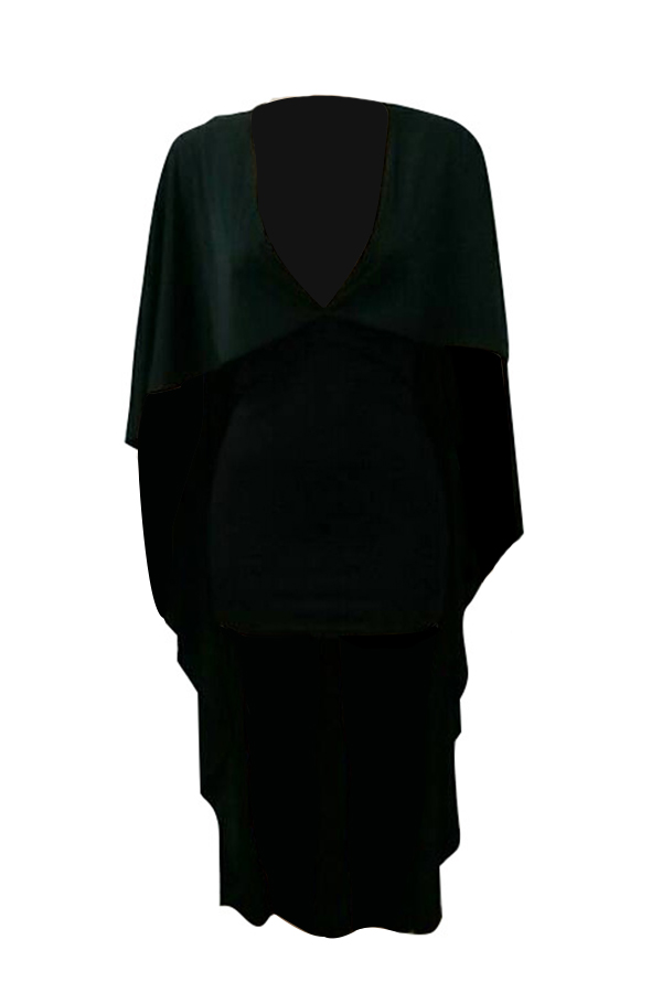  Sexy Deep V Neck Asymmetrical Design Black Polyester Mid Calf Dress