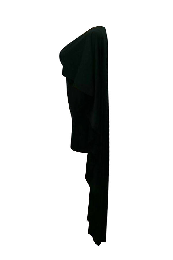  Sexy Deep V Neck Asymmetrical Design Black Polyester Mid Calf Dress