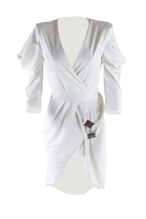  Sexy Deep V Neck Asymmetrical White Polyester Mid Calf Dress 