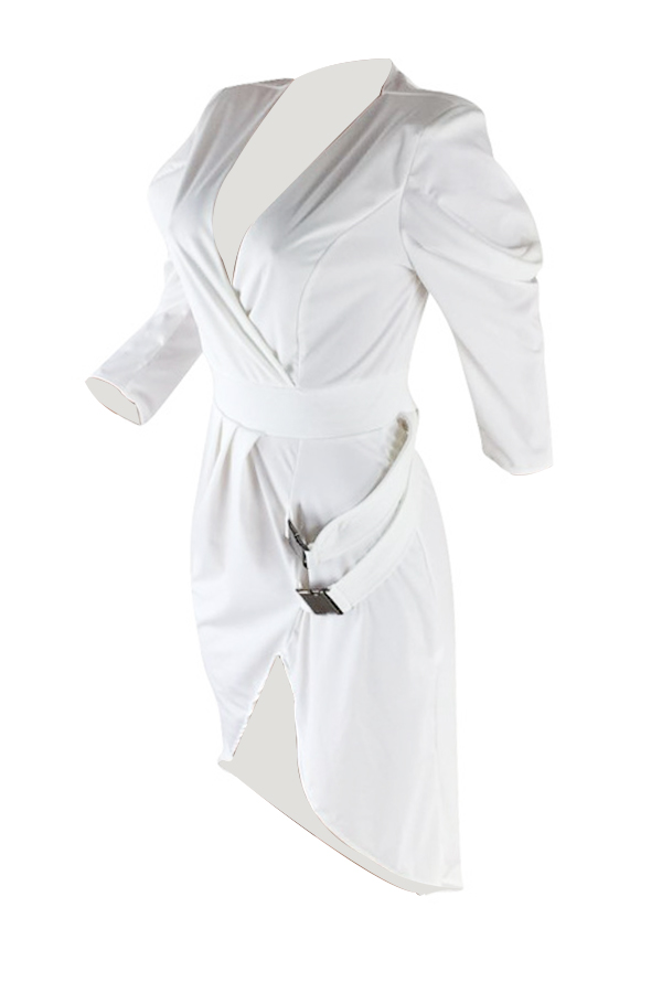 Sexy Deep V Neck Asymmetrical White Polyester Mid Calf Dress 