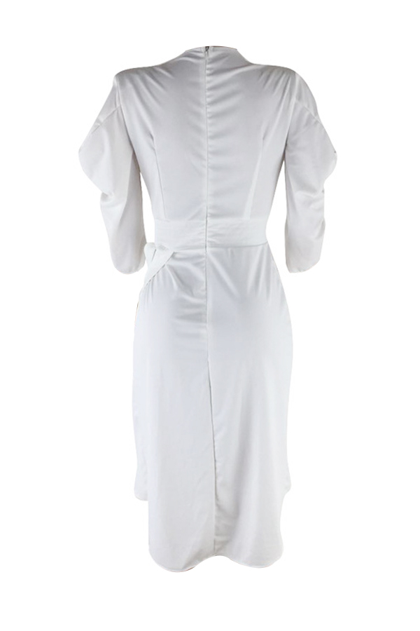  Sexy Deep V Neck Asymmetrical White Polyester Mid Calf Dress 
