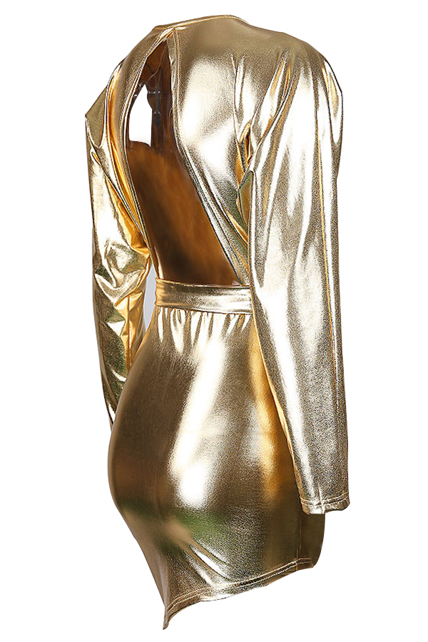  Sexy Deep V Neck Back Hollow-out Gold Polyester Mini Dress(Without Necklet)