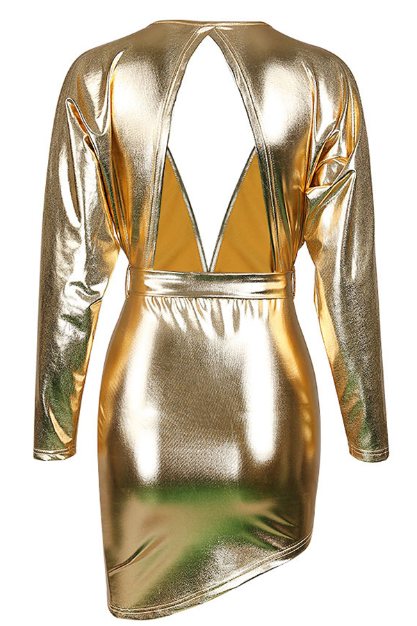  Sexy Deep V Neck Back Hollow-out Gold Polyester Mini Dress(Without Necklet)