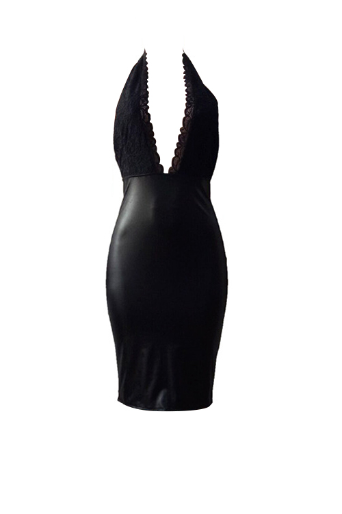  Sexy Deep V Neck Backless Lace Spliced Black PU Knee Length Dress