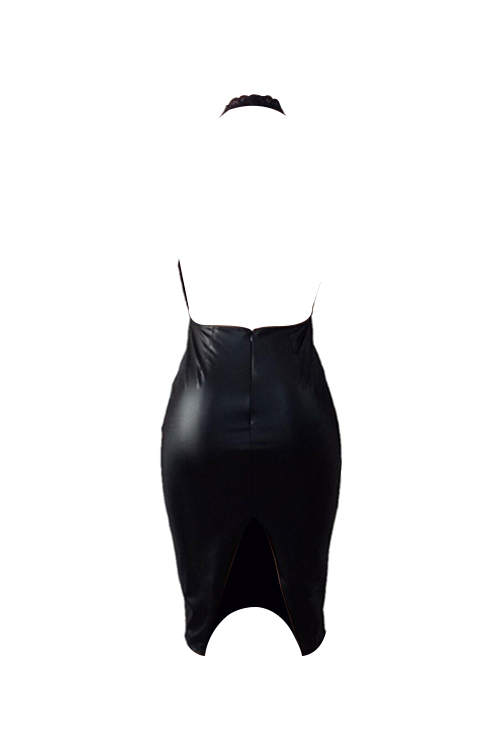  Sexy Deep V Neck Backless Lace Spliced Black PU Knee Length Dress