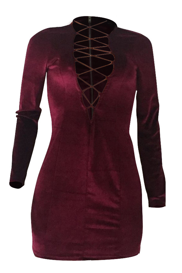  Sexy Deep V Neck Hollow-out Wine Red Velvet Sheath Mini Dress