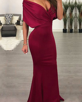  Sexy Deep V Neck Pleated Red Polyester Floor Length Dress
