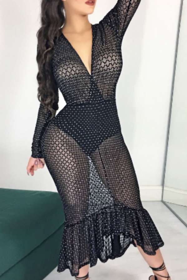  Sexy Deep V Neck See-Through Black Gauze Fishtail Mid Calf Dress(With Briefs)