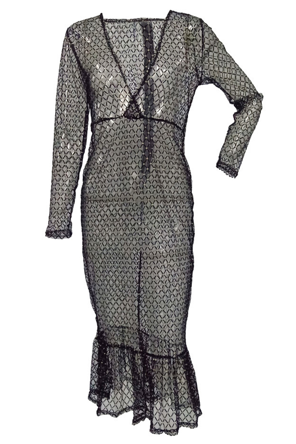  Sexy Deep V Neck See-Through Black Gauze Fishtail Mid Calf Dress(With Briefs)