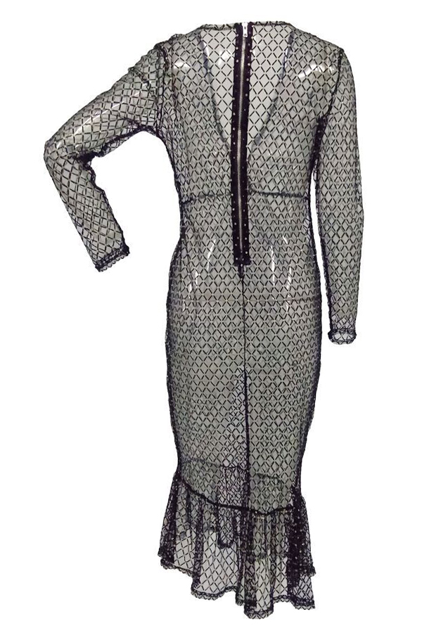  Sexy Deep V Neck See-Through Black Gauze Fishtail Mid Calf Dress(With Briefs)