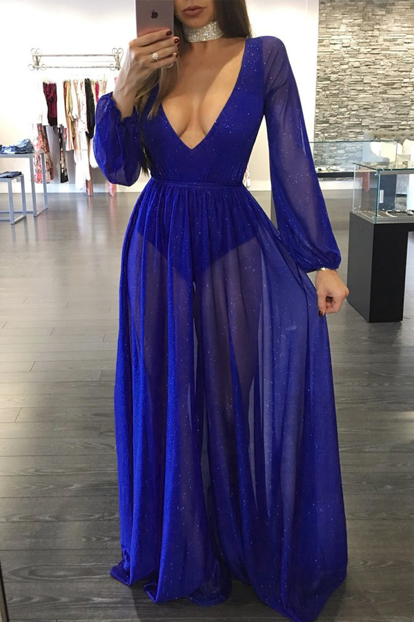 Sexy Deep V Neck See-Through Blue Polyester Floor length Dress(With Lining)