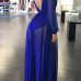  Sexy Deep V Neck See-Through Blue Polyester Floor length Dress(With Lining)