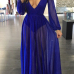  Sexy Deep V Neck See-Through Blue Polyester Floor length Dress(With Lining)
