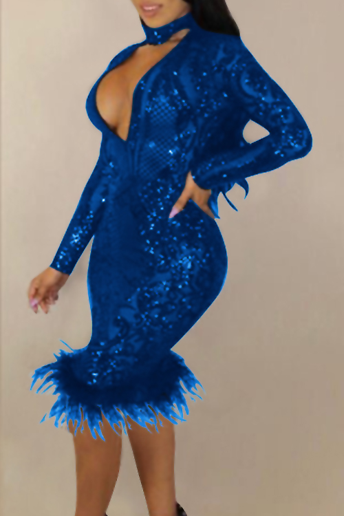  Sexy Deep V Neck See-Through Deep Blue Polyester Sheath Knee Length Dress