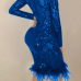  Sexy Deep V Neck See-Through Deep Blue Polyester Sheath Knee Length Dress