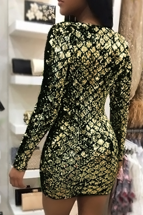  Sexy Deep V Neck Sequins Decoration Gold Polyester Mini Dress