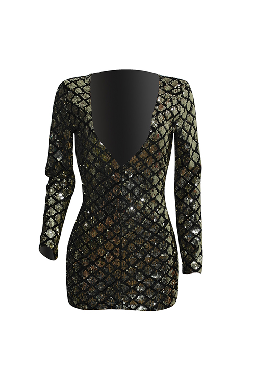  Sexy Deep V Neck Sequins Decoration Gold Polyester Mini Dress