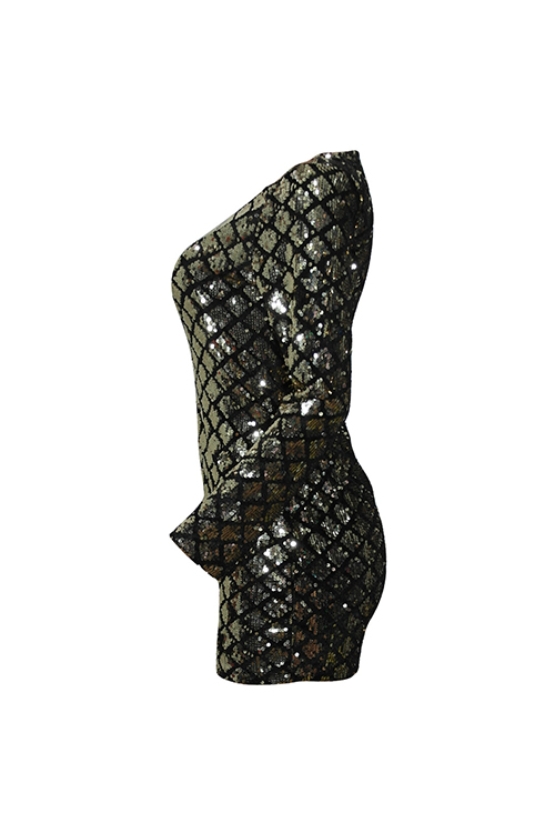  Sexy Deep V Neck Sequins Decoration Gold Polyester Mini Dress