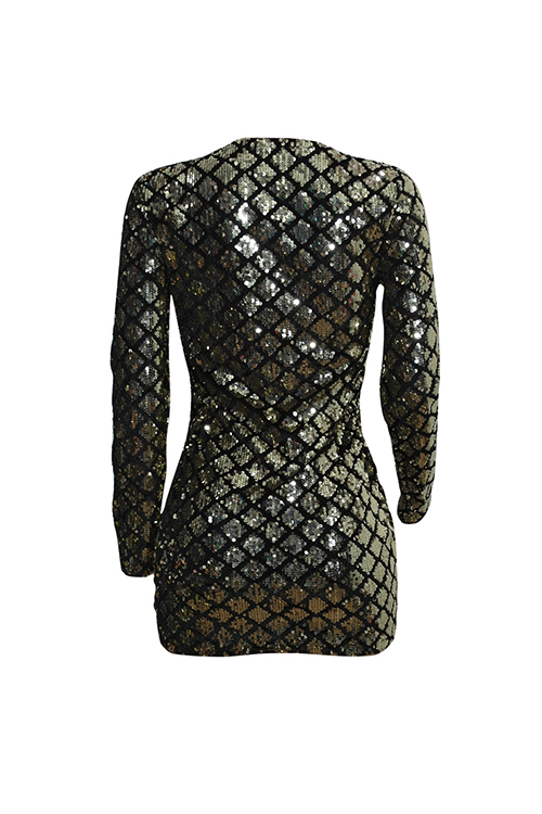  Sexy Deep V Neck Sequins Decoration Gold Polyester Mini Dress