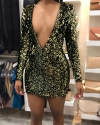  Sexy Deep V Neck Sequins Decoration Gold Polyester Mini Dress