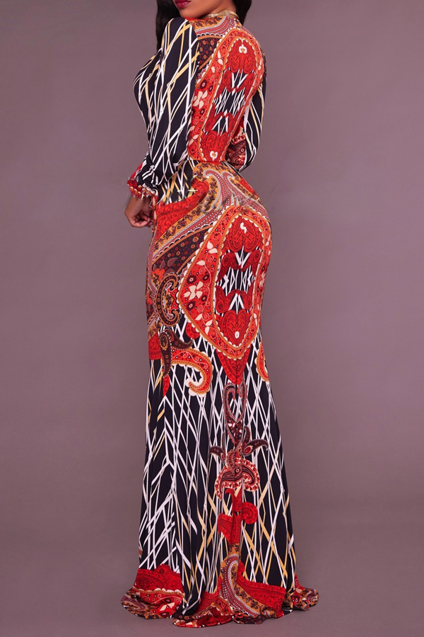  Sexy Deep V Neck Slit Printed Healthy Sheath Ankle Length Dress